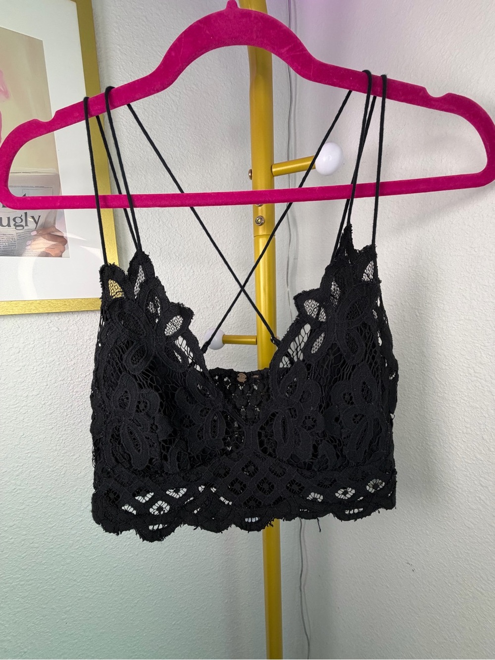 Free People Adella Bralette Black Lace Smocked Back Boho Best for SM-MED